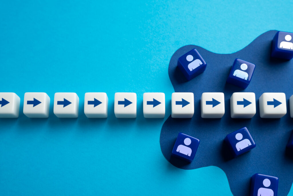 A visual representation of a sales pipeline where individual prospects are directed through a clear, step-by-step progression.